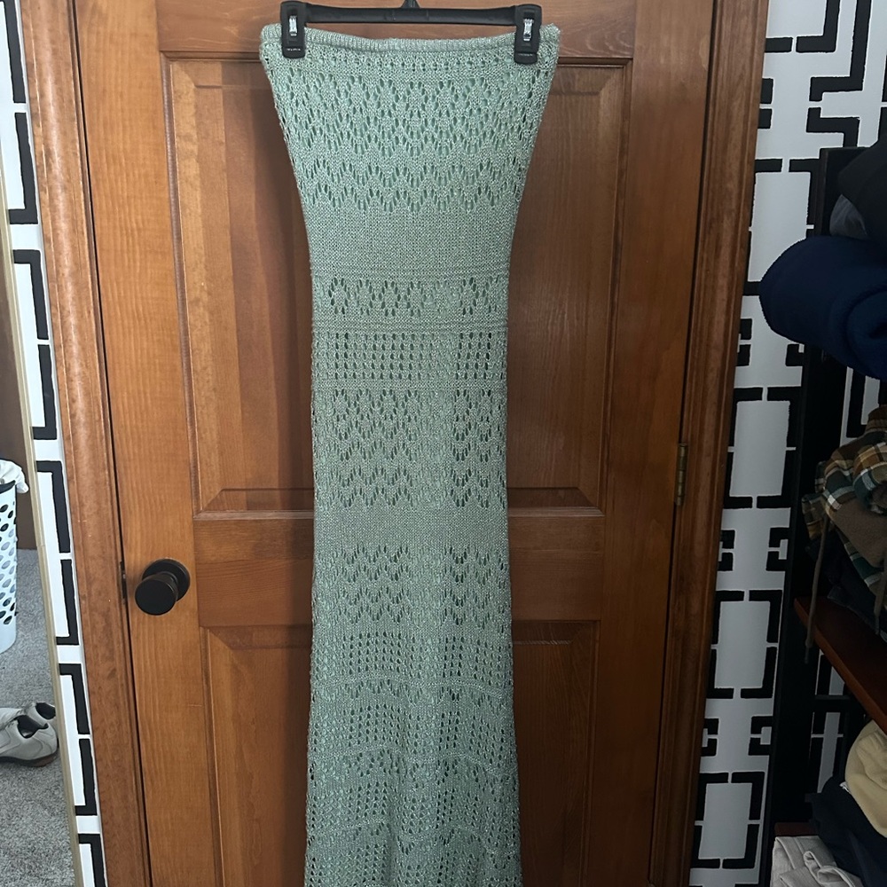 X Revolve Strapless Crochet Maxi Dress in Green Shimmer